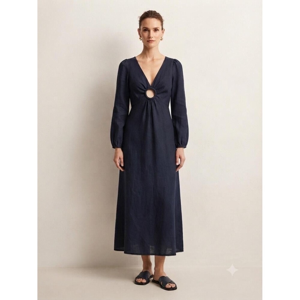 Zimmermann Wayfarer Midi Dress Womens 1 (S/M) Navy Linen O-Ring Cutout Romantic